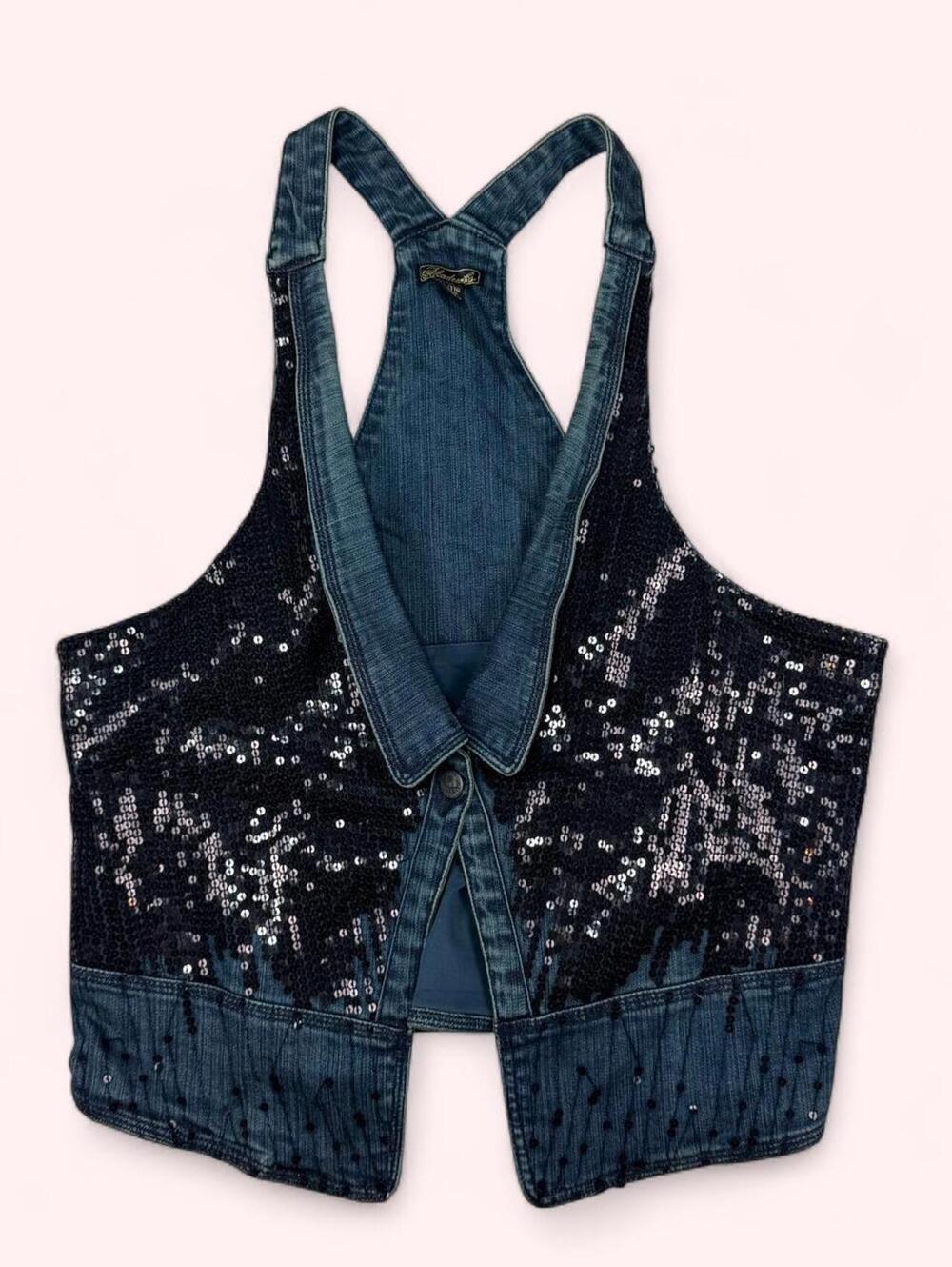 Akademics Sequin Denim Vest with black Sequins on Dark Blue Denim